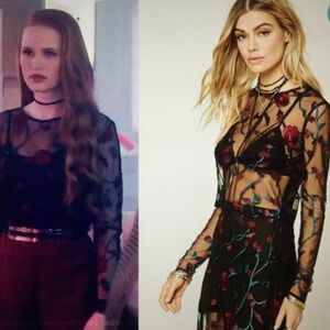 Forever 21 Black Sheer Floral Embroidered Top